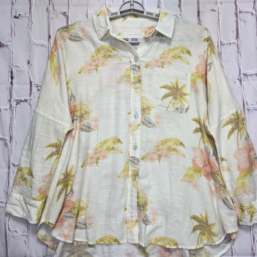 American Eagle Tropical Palm Floral‎ Button Down Shirt Womens XS Oversized Gauze